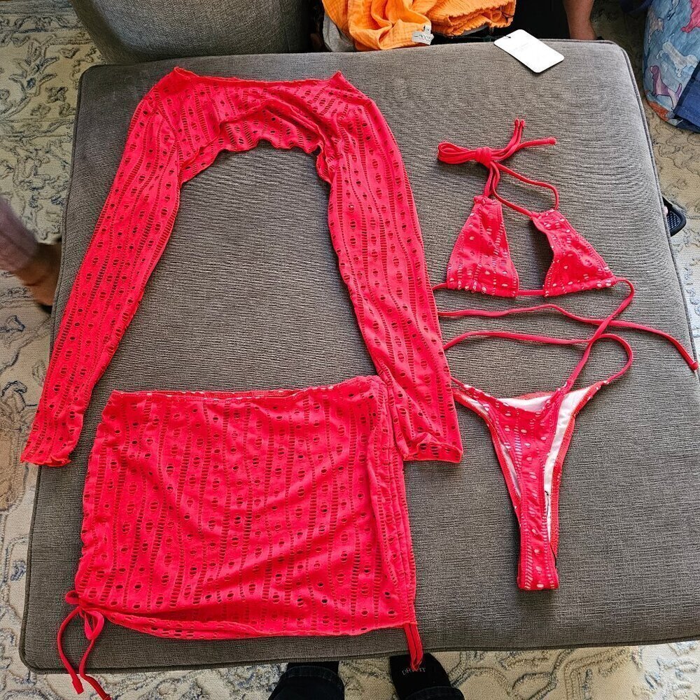 Red Sexy 4 Piece Triangle Bikini Top Thong Bottom Cover Up And Wrap Size Large - Picture 2 of 15